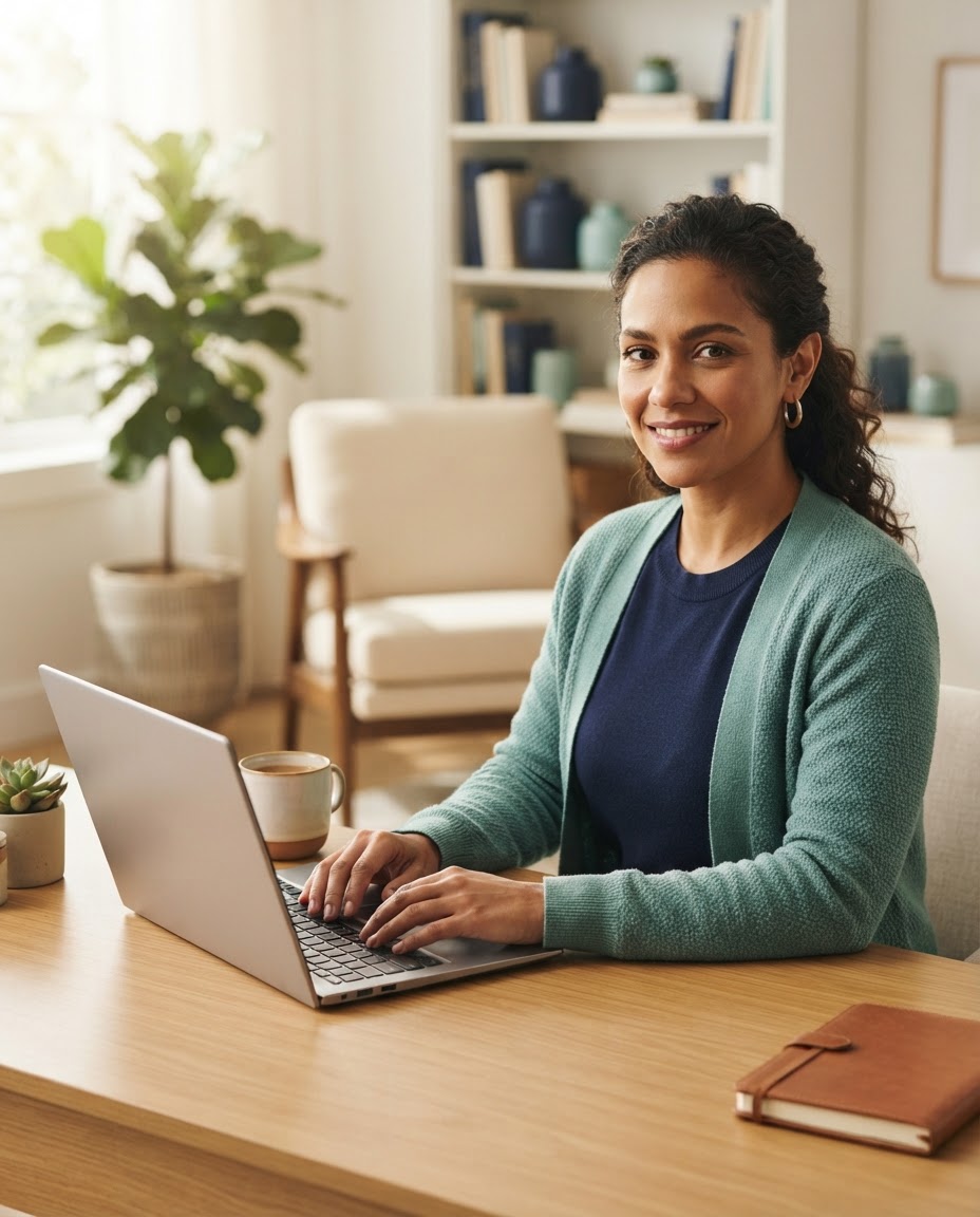 Psicóloga utilizando notebook em consultório acolhedor